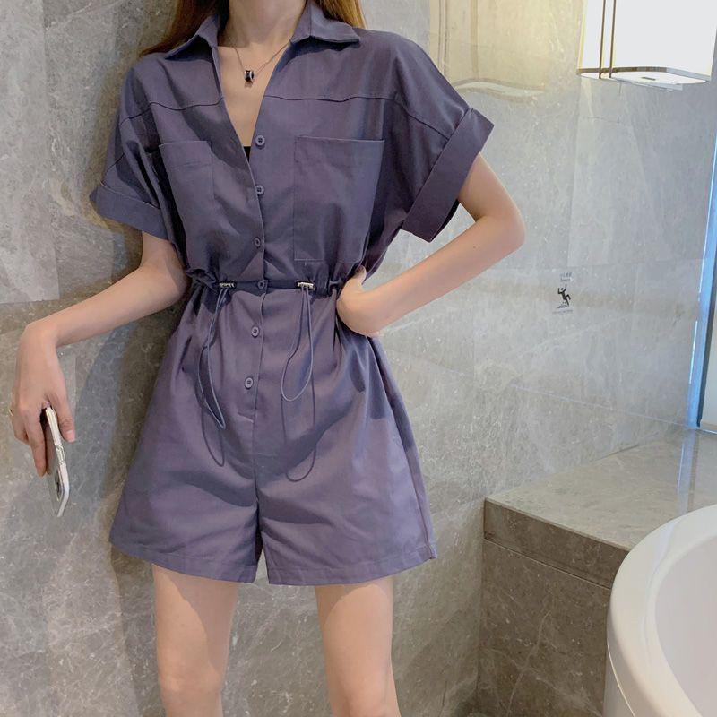 Retro Women’s Waist-Cinched Workwear Jumpsuit: 2026 Korean Style, Short-Sleeved, Loose Wide-Leg Shorts