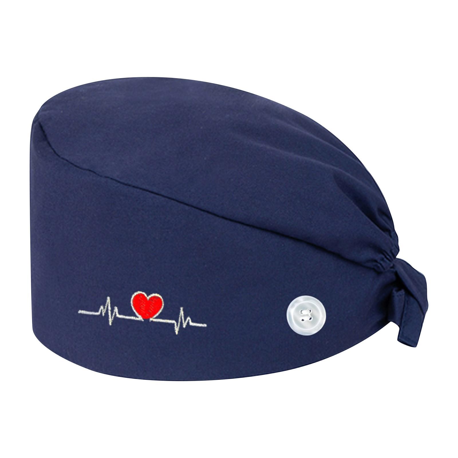 

Вышитая шапочка медсестры в форме сердца для женщин с пуговицами, шапочки для салона красоты и аптеки, лабораторная шапочка для домашних животных, хирургическая шапочка для операционной One Size темно-синий