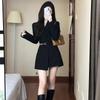 Women's High-End French Black Belted Autumn Suit Dress - Waist-Slimming Long Sleeve Blazer.