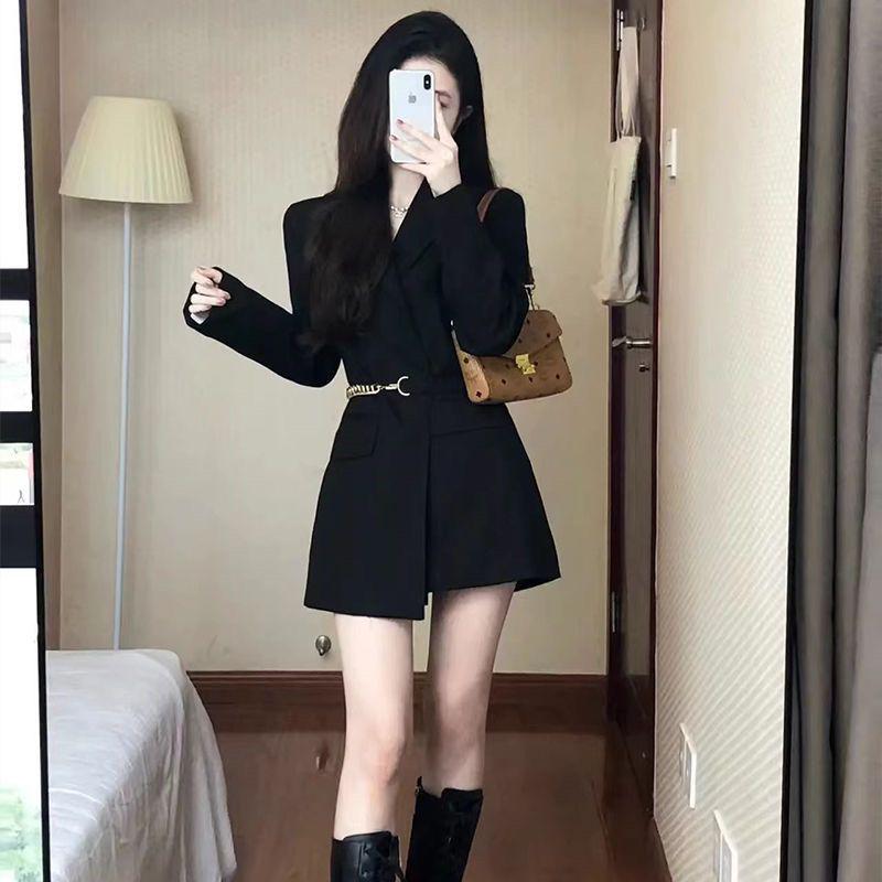Women's High-End French Black Belted Autumn Suit Dress - Waist-Slimming Long Sleeve Blazer.