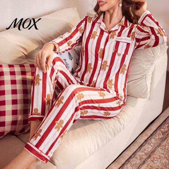 Comfortable Home Wear Christmas Pajamas 2-Piece Set for Women, Striped Gingerbread Man Print Lounge Set, Button Down Long Sleeve Top Pants Sleepwear