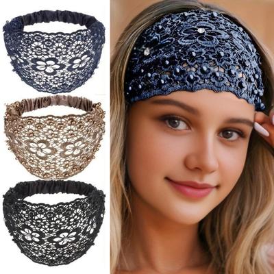 4 Adet Kadın Saç Bandı Çiçekli Dantel Oyuk Tasarım Suni İnciler Saç Çemberi Boho Tarzı Geniş Elastik Saç Aksesuarları