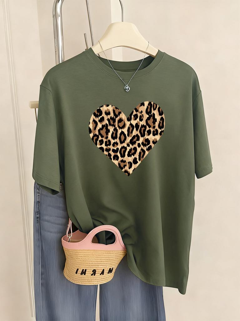 Leopard Heart Shape Printing TShirt Womens Basics Comfortable T Shirts Loose ONeck Short Sleeve Tops Summer Soft Woman Clothes