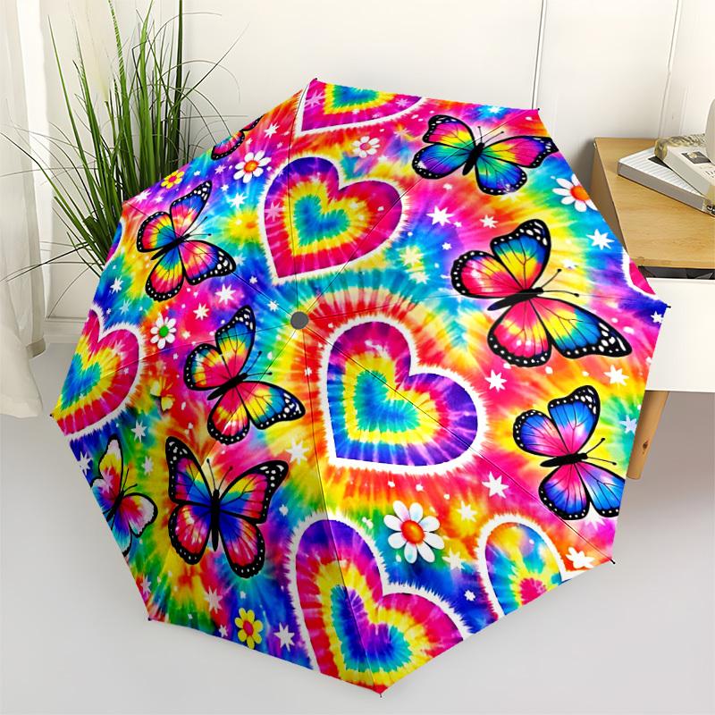 

1pc Tie-Dye Butterflies Automatic Opening/Closing Folding Umbrella with 8 Ribs,Windproof Portable Sunshade Umbrella Holiday gift yy260401065