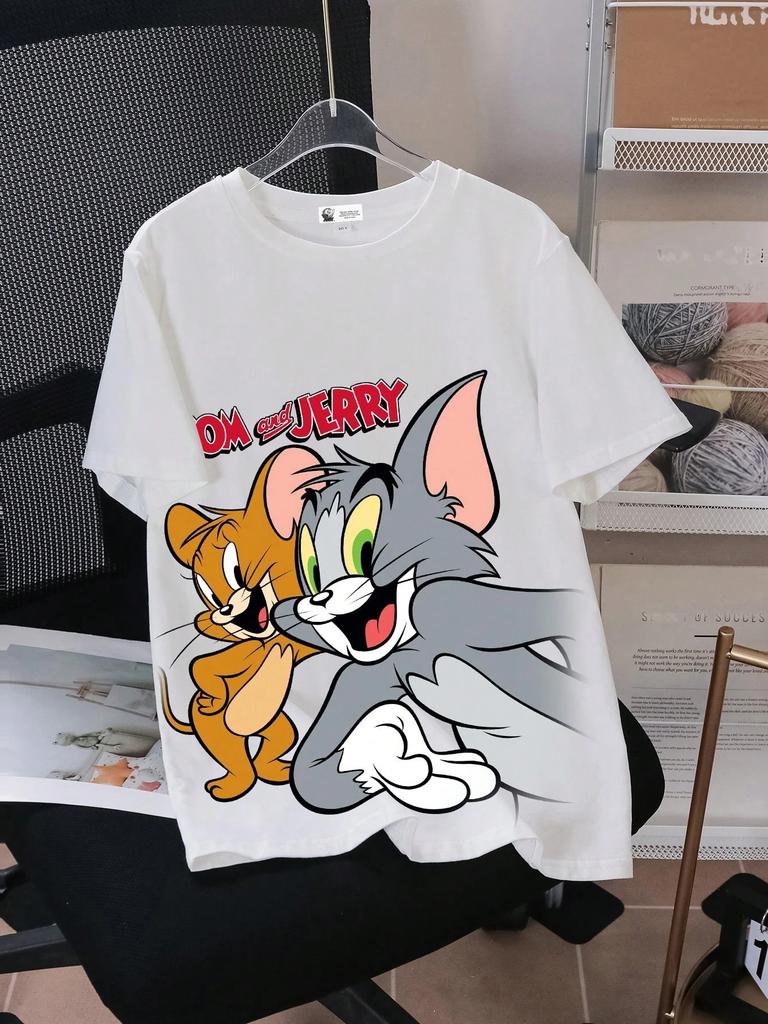 2026 Summer Comic Form Tom and Jerry Image 100 Cotton Printed Oversize Casual Tshirt Adult Children Parentchild Top Homewear