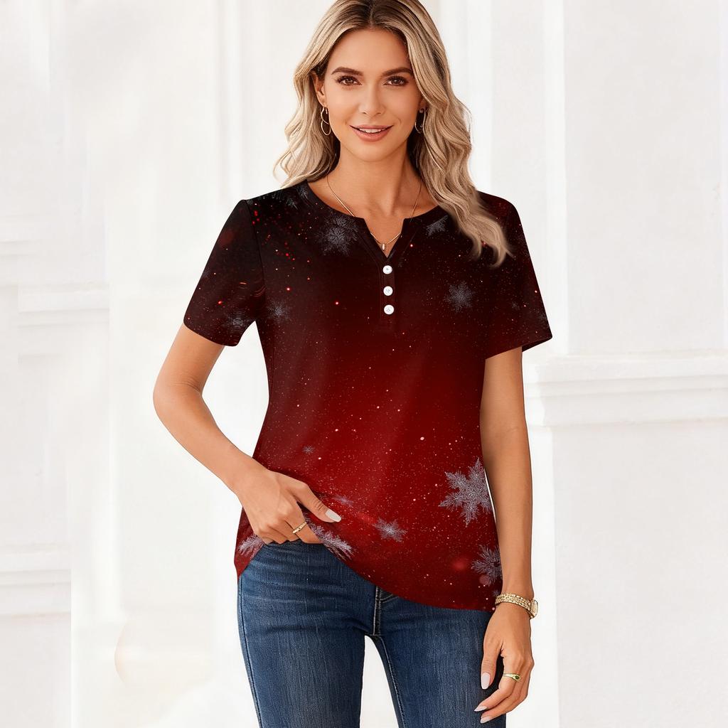 Women's Casual Christmas Print V-Neck Short Sleeve Button Front T-Shirt Top