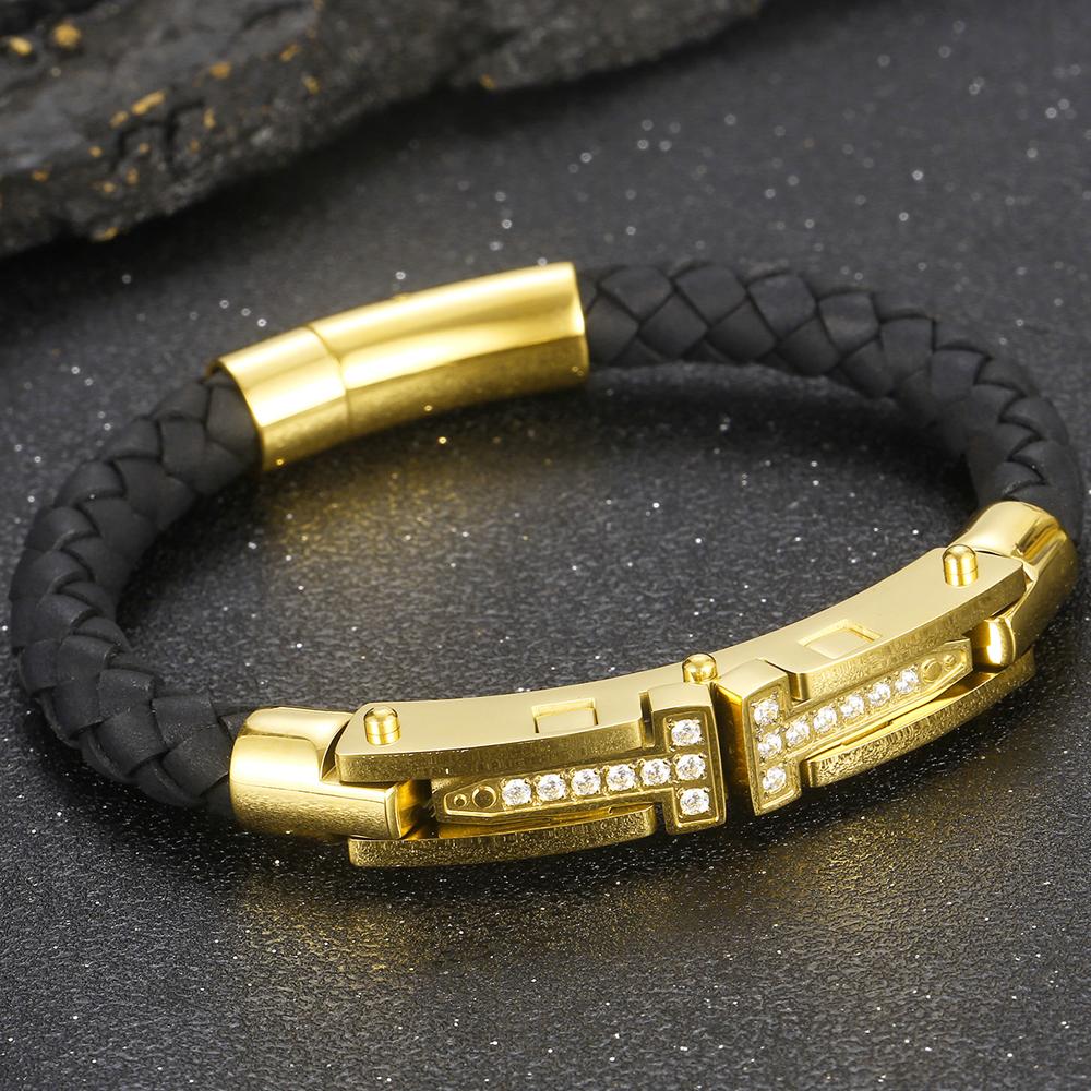 

Чоловічий плетений браслет із натуральної шкіри CZ та браслет із нержавіючої сталі для чоловіків, жінок, ювелірні вироби золотого кольору Круті 21.5CM золотий