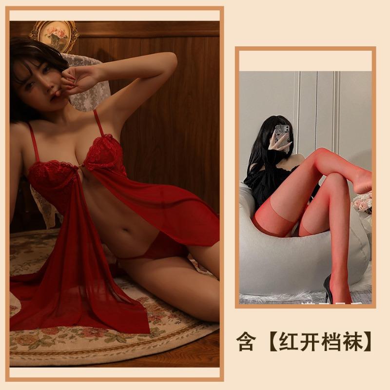 Sexy lingerie front buckle mesh perspective temptation pajamas split suspender free nightdress