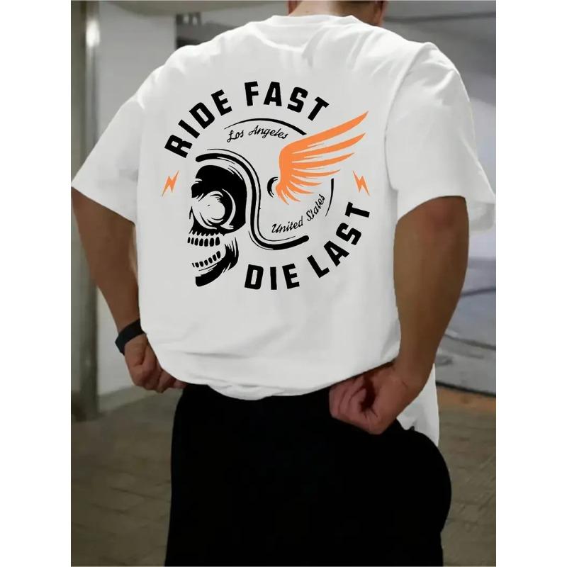 Tamanho Europeu Camiseta Masculina "Ride Fast" com Estampa de Caveira - Preta Casual de Verão com Estampa Ousada "RIDE FAST" e Design de Asas,