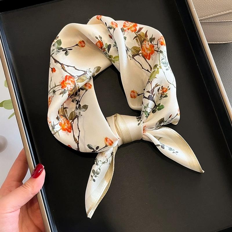 Autumn/Winter New Oil Painting Silk Square Scarf for Women Floral Printed Mulberry Silk Hairband Neckerchief for Women