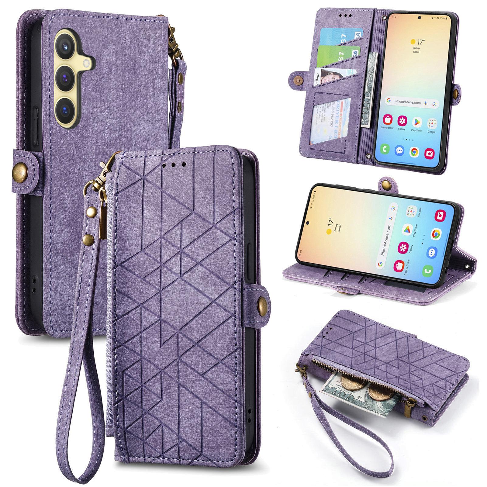 

For Samsung Galaxy S25+ Zipper Wallet Case Geometry Lines Leather Phone Cover with Strap Light Purple