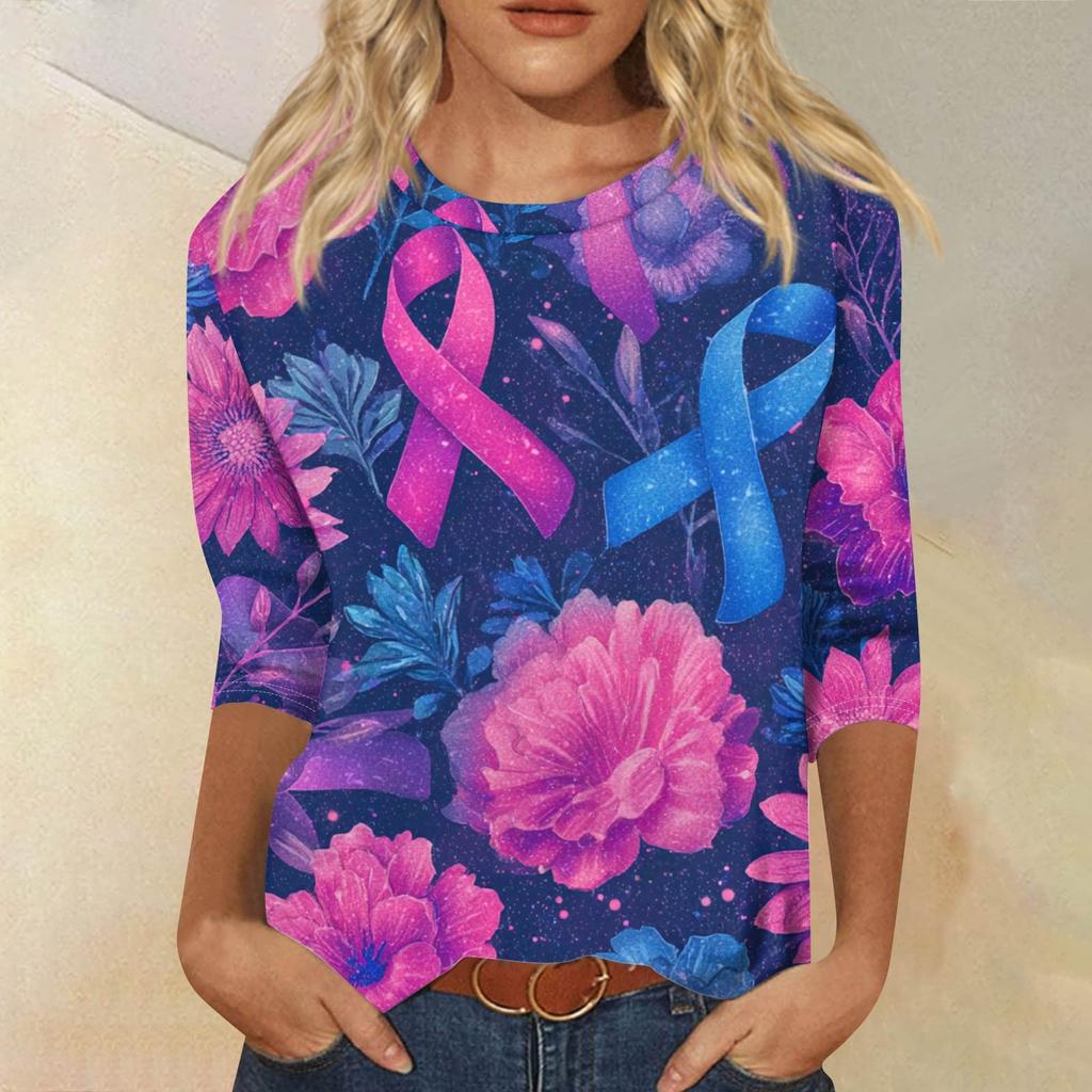 Women's Fashion Casual Seven Split Sleeve Printed Loose Round Neck Top