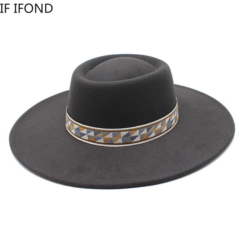 Autumn Winter Wool Felt Fedoras Hat 9.5CM Wide Brim Jazz Hats For Women British Style Flat bowler Church Dress Hats