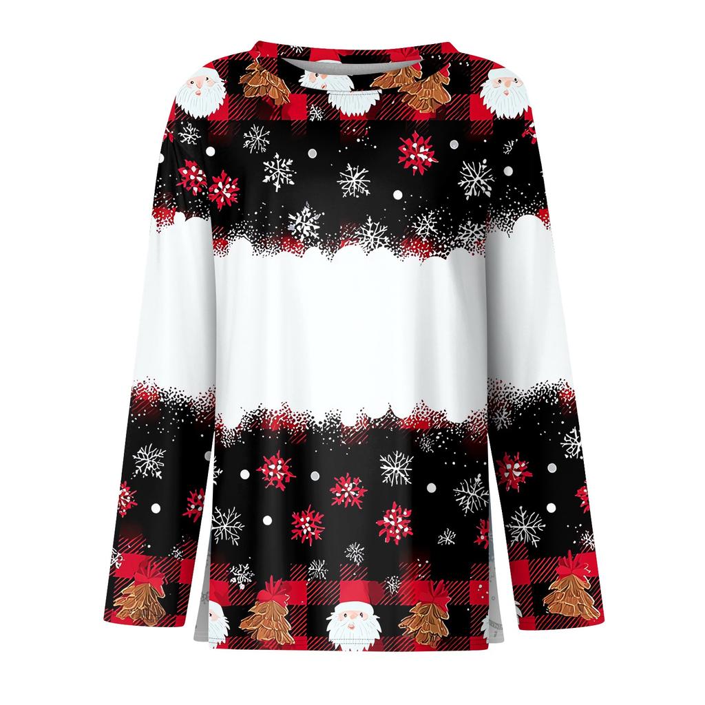 Women's Fashion Casual Slit Hem Round Neck Long Sleeve Loose Christmas Printed T-Shirt Ladies Top