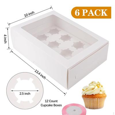 6 Pieces 12 Hole Food Grade Cupcake Box with Window And Inserts for Pastries, Party Treats, Muffins