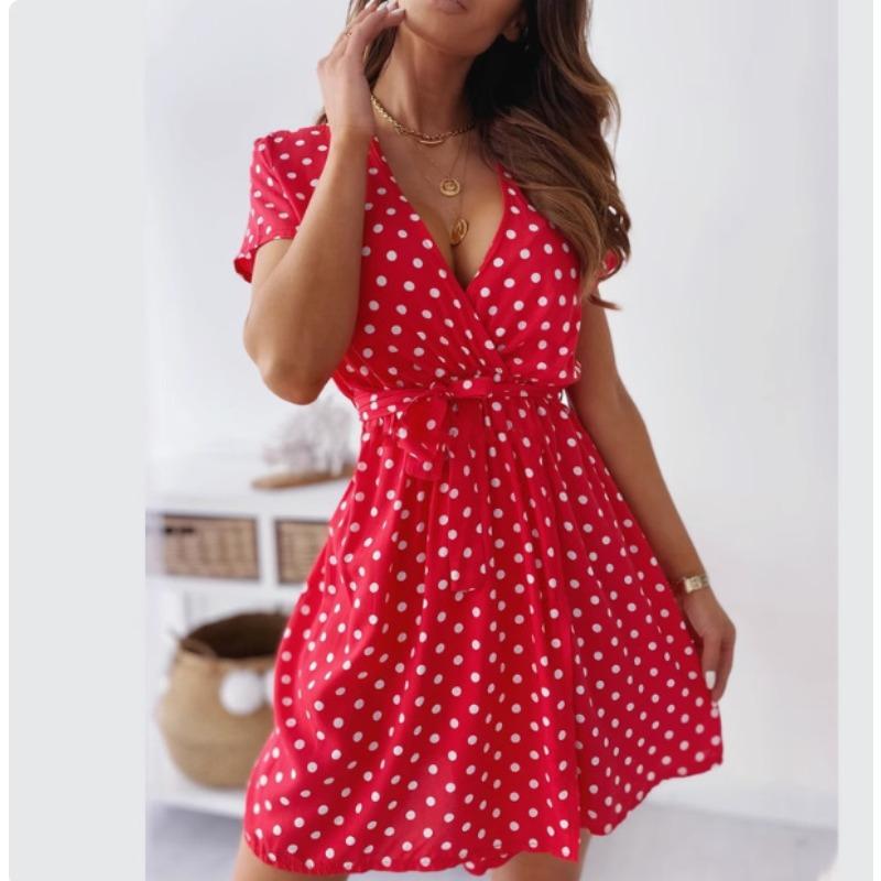 Sexy Tiefes V Retro Polka Dot Kurzarmkleid mit einer Schleife und einer gerafften Taille A-Linie Kurzer Rock Sommerkleid