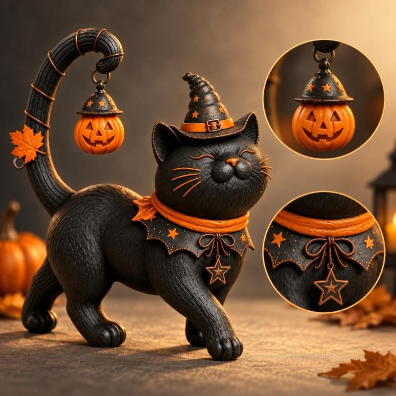 Standing Halloween Cats Decoration, Dark Figure with Pointed Hat and Aged-Look Finish for Entryway, Shelf, Office, or Desk Arrangement