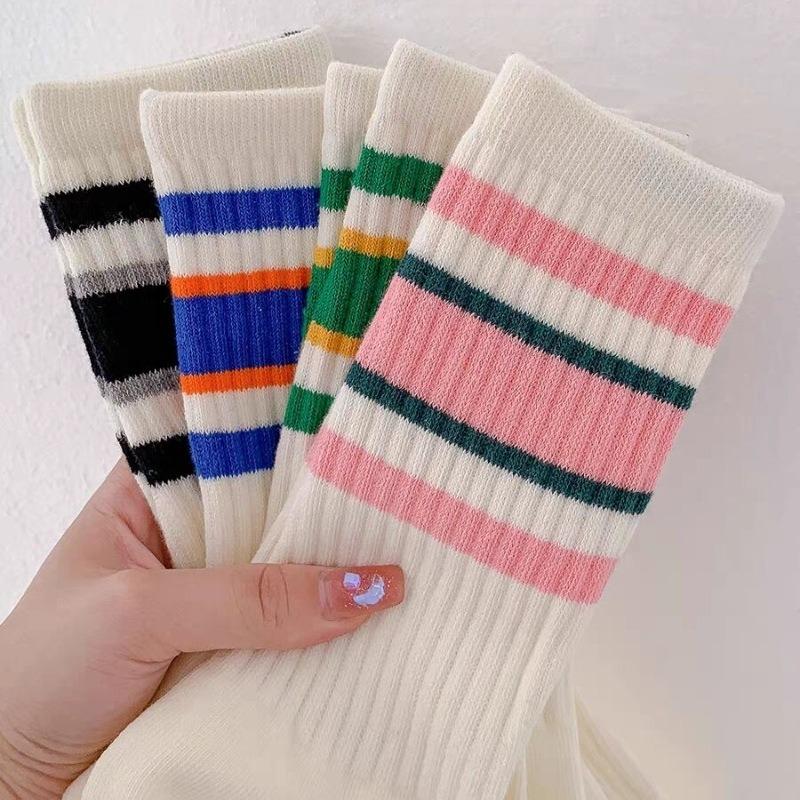2026 Striped Crew Socks Cotton Korean Style Streetwear Casual Sport for Women Couples Fashion Mid Calf Socks