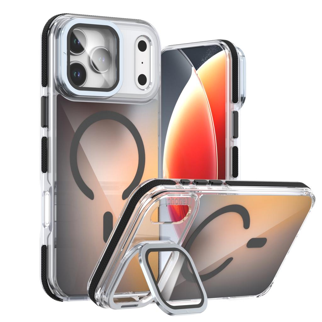 For iPhone 17 Pro Magnetic Case TPU Acrylic Phone Back Cover with Lens Film and Kickstand