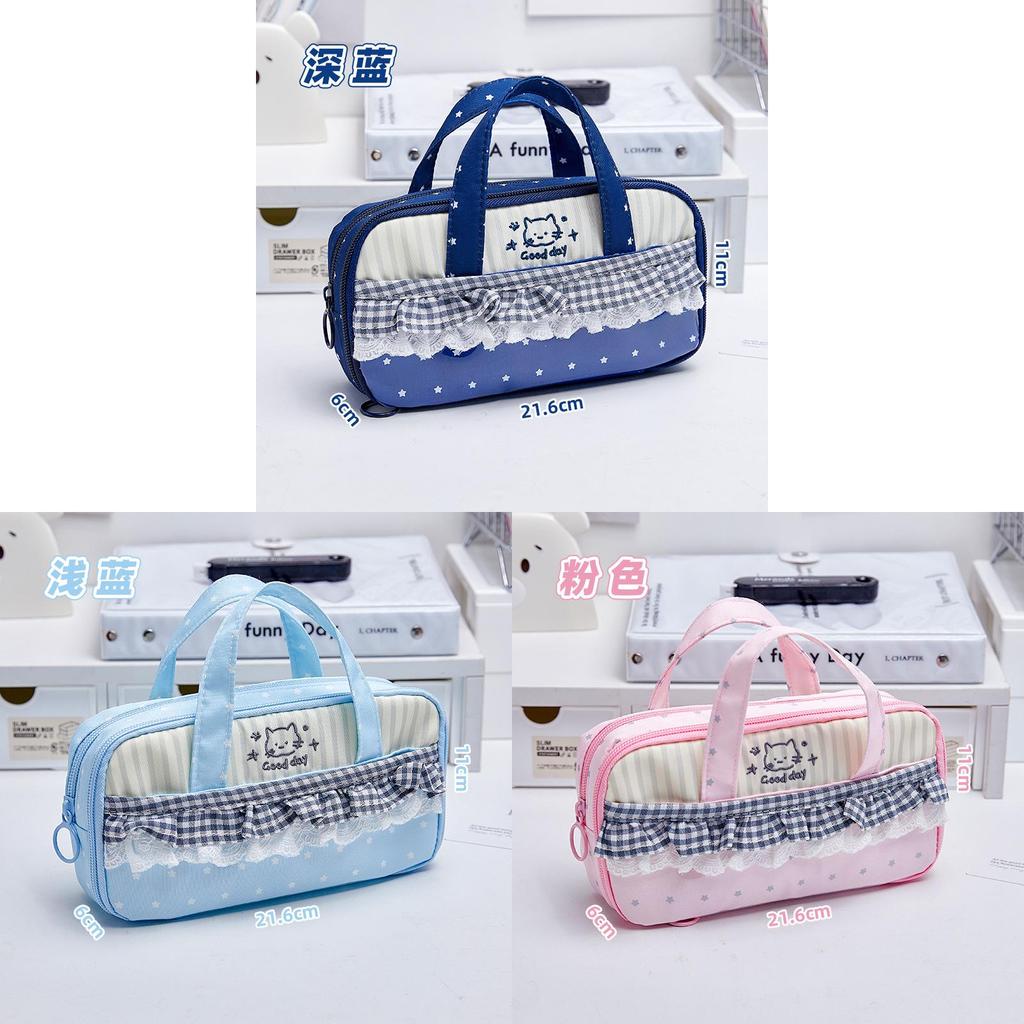 Cat Large Capacity Pen Bag With Lace Handle For School And Office Use