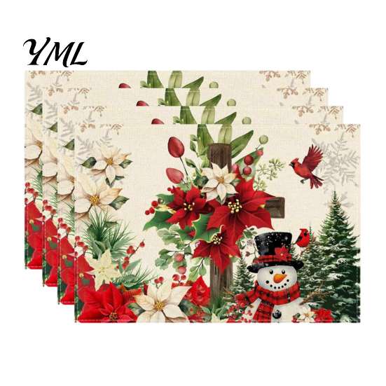 Holiday Party Supplies 4Pcs Christmas Linen Placemat Set, Cartoon Snowman Gingerbread Gnome Table Pattern Placemats Mat, Heat Resistant Place Mat for