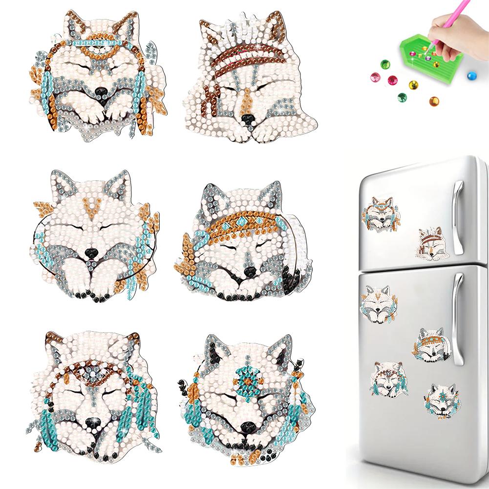 6Pcs Special Shape Diamond Painting Fridge Magnet White Fox Fridge Stickers Diamond Art Fridge Magnet for DIY Crafts Party Gift