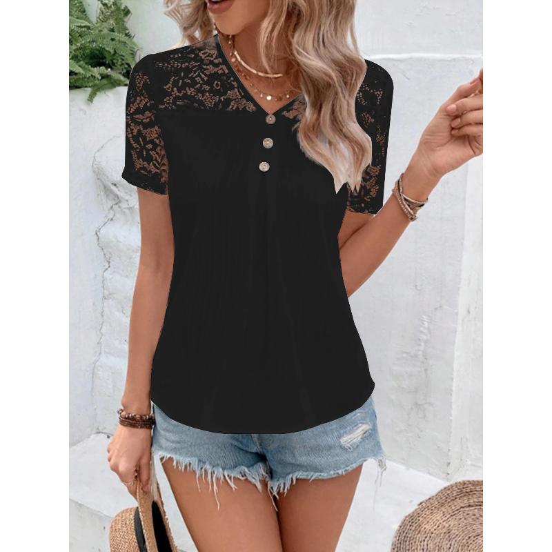 Spring and Summer European and American Women's Pure Color Lace Short-sleeved V Neck