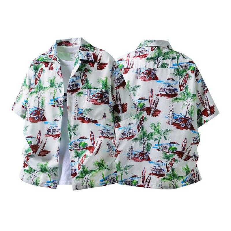 Vintage Kokospalmen-Surfbrett-Print Hemd mit kubanischem Kragen, kurzärmlig