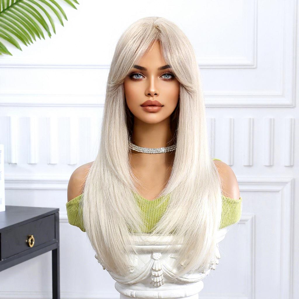 New Fashion 22INCH Gradient Long Straight High-Temperature Fiber Wig European and American High-Layered Bangs White Gold Cap