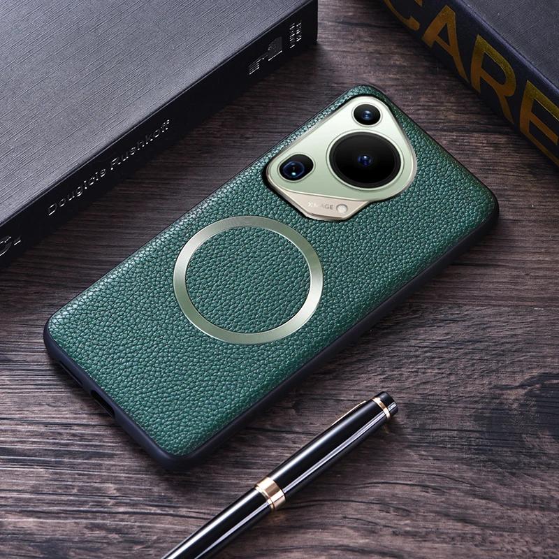 

Для Huawei Pura 70 Ultra 70 Pro Plus Ультратонкий чехол из магнитной кожи с рисунком личи, противоскользящая задняя крышка для Pura 70 For Pura 70 Pro зелёный