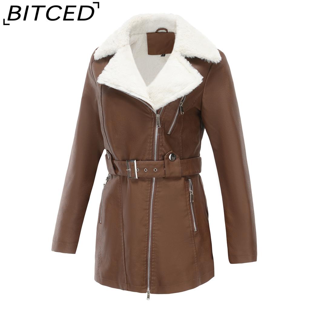 BITCED Autumn/Winter Long-Sleeved Fleece-Lined Leather Jacket for Women with Lapel Collar, Double-Ended Zip and Belted Waist for Warmth