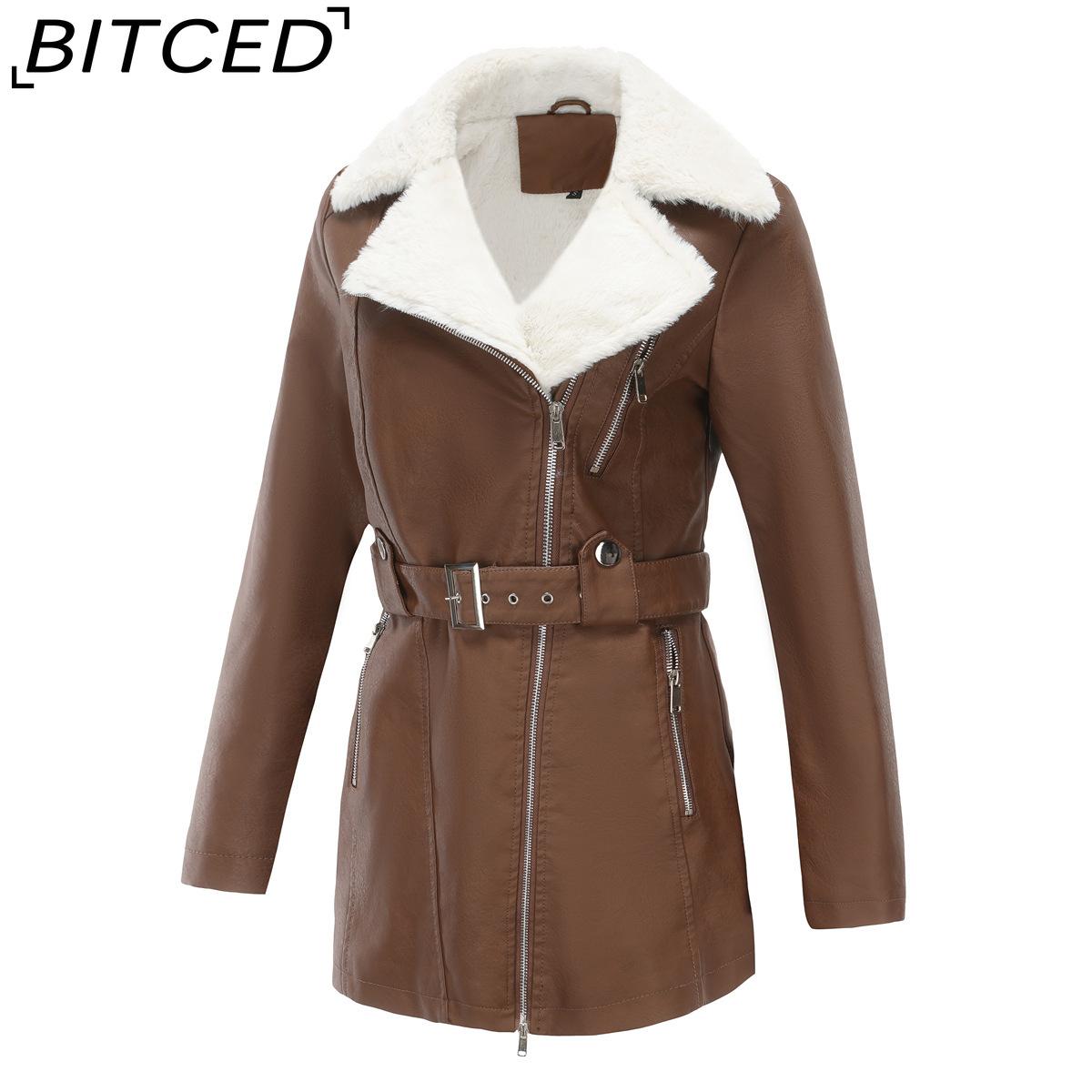 

BITCED Autumn/Winter Long-Sleeved Fleece-Lined Leather Jacket for Women with Lapel Collar, Double-Ended Zip and Belted Waist for Warmth XXXL