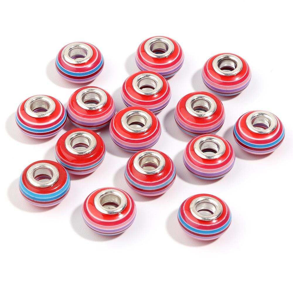 20pcs 14x8.5mm Resin Beads Rainbow Stripe Flat Round Big Hole Loose Beads For Jewelry Making DIY Bracelets Necklace Accessories