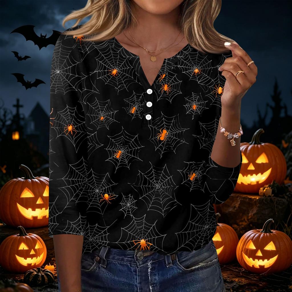 Women's Casual Halloween Print V-Neck Button Three-Quarter Sleeve T-Shirt