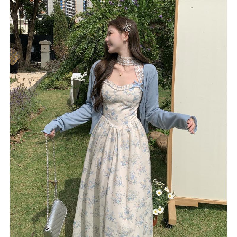 Plus Size French Retro Print Suspender Dress & Cardigan Set