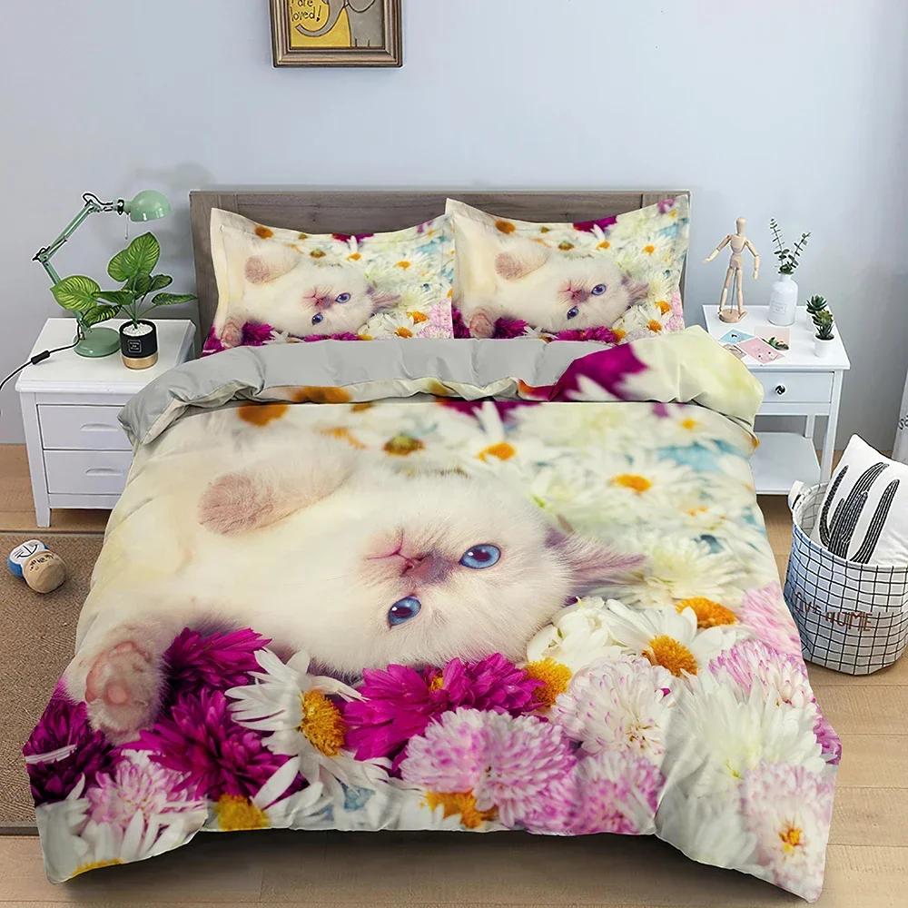 3D Animal Bedding Set Cute Cat Comfortable Duvet Quilt Cover Pillowcase Bedding Set Children Bedroom Decoration Home Textile