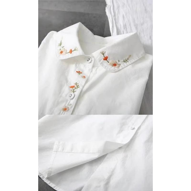 White Cotton Shirts Women Turn Down Collar Embroidered Long Sleeve Blouse Spring Autumn Loose Casual Tops Button Lapel Office Sweet Simple Clothing