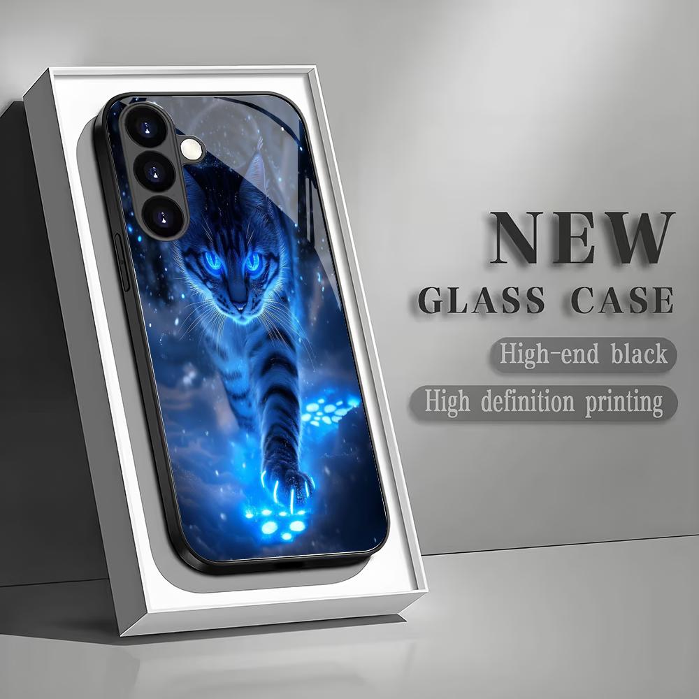 Blue Light Cat Pattern Tempered Glass Phone Case Suitable for Samsung Galaxy S26 S25 S24 S22 S21 S20 FE/Ultra/Plus Shockproof