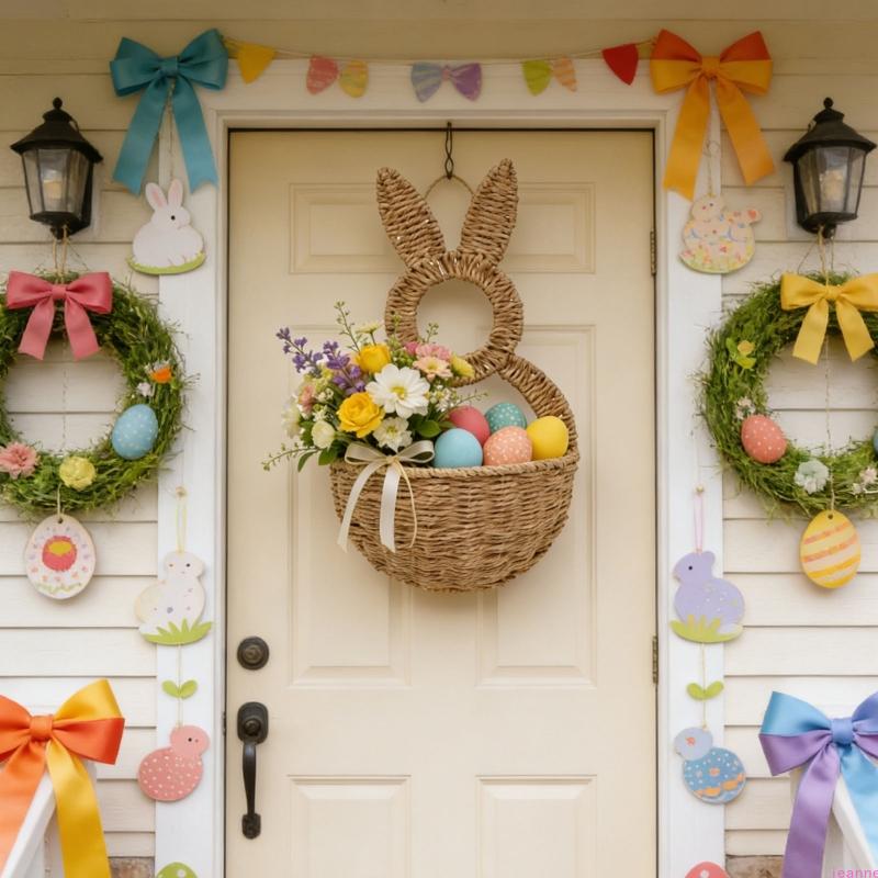 Rabbit Shape Basket Woven Plastic Easter Basket Wall Hanging Ornament For Holiday Decoration Indoor and Outdoor Display
