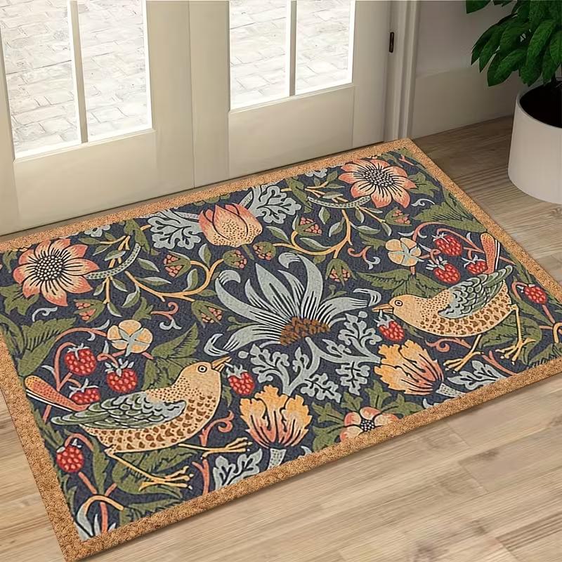 Welcome Door Mat with Symmetrical Flower and Bird Design Floor Mat Lightweight Home Bedroom Kitchen Corridor Hall Decorative Mat