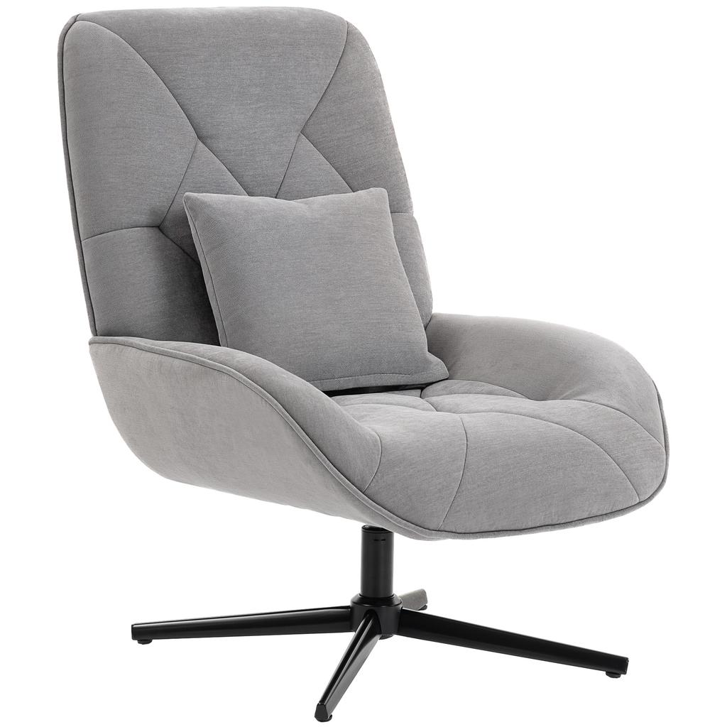 Accent Chair, Chenille Upholstered Swivel Armchair with Lumbar Pillow, High Back, Deep Seat and Metal Legs, Light Grey
