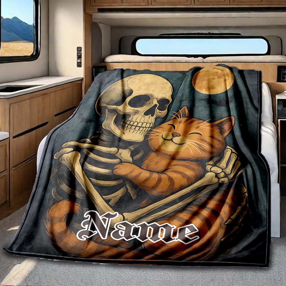 Skull Embraces Cat Under Moonlight Artwork Blanketcustomizable With Your Namecomfortable And Stylish Perfect For Travel Beds Chairs Offices Sofas