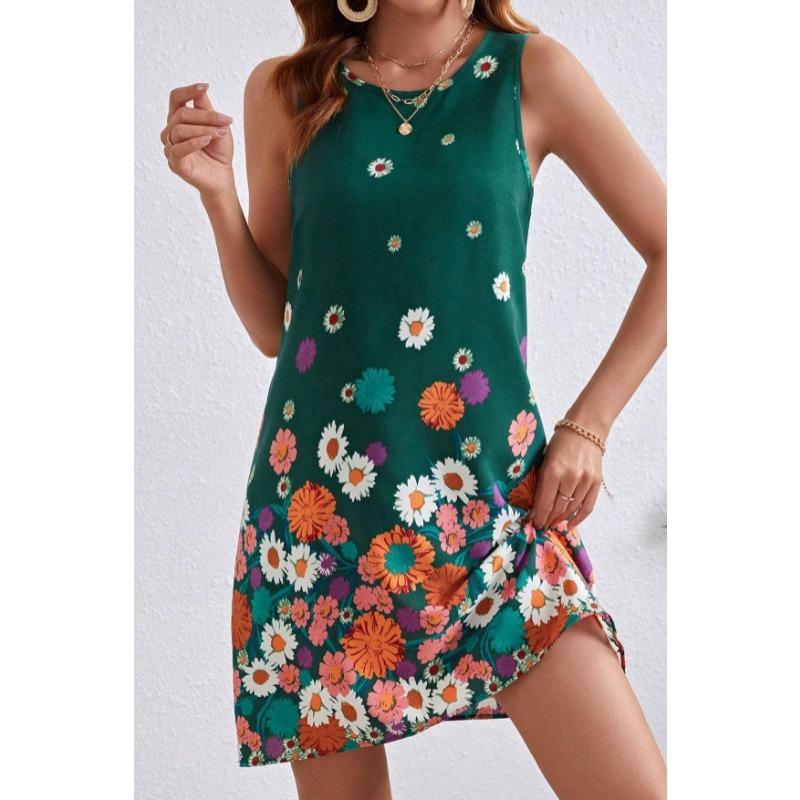 

Летнее платье без рукавов с круглым вырезом и цветочным принтом, новое модное свободное повседневное короткое платье А-силуэта для вечеринок, женское элегантное простое платье 2819 L темно-зеленого