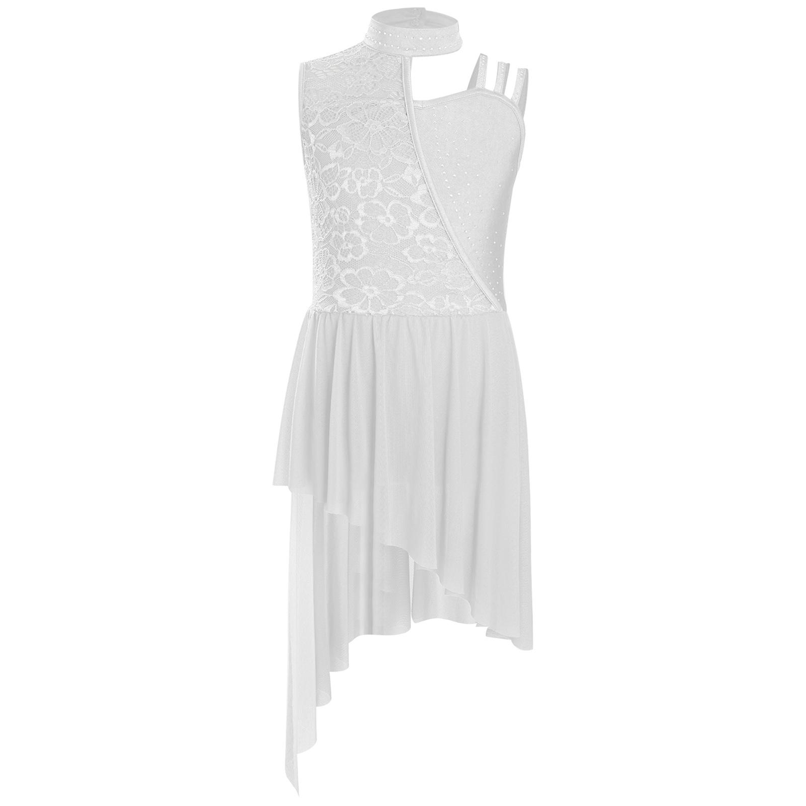 

Дівчачий леотард-сукня з коміром-стійкою, квітковим мереживом, стразами, асиметричним плечем та нерівним подолом, костюм для ліричного танцю 13-14 Years білий