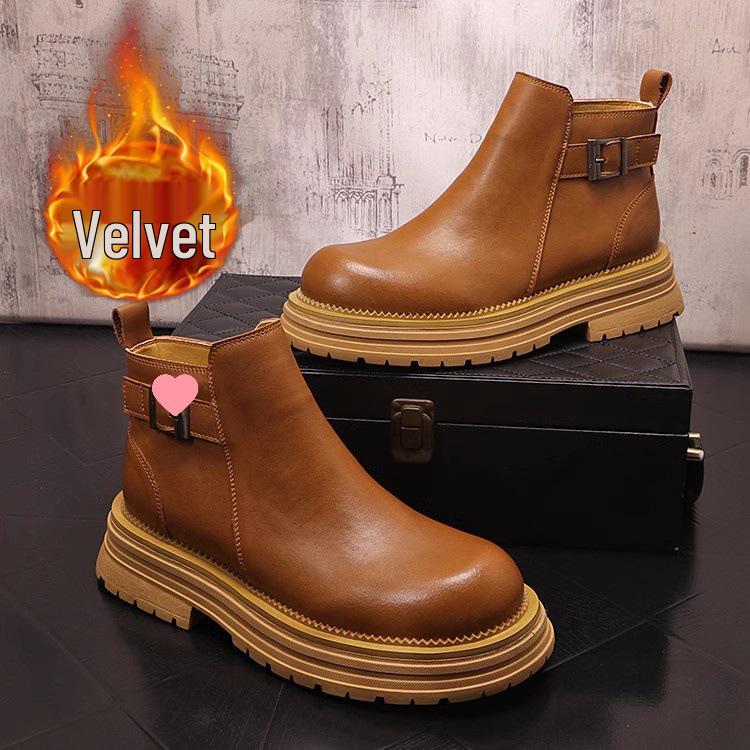 Pánské kožené Chelsea boty bez tkaniček - Kotníkové, Britský styl, s vnitřním zvýšením výšky a teplem Martinových bot.