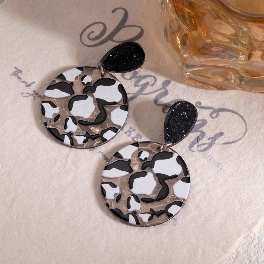 Leopard Print Round Brown Printed Acrylic Earrings, Autumn And Winter Creative Design Sense Fashion Temperament Earrings Women