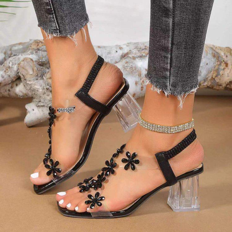 

Women s Rhinestone Flower Crystal Heel Slip-On Sandals with Elastic Band and Square Toe 37 чорний