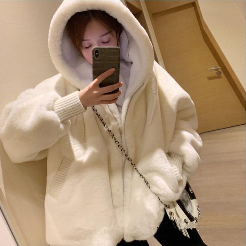 Womens Faux Shearling Hooded Coat Winter Thick Warm Oversized Parka White Plus Size S-XXL