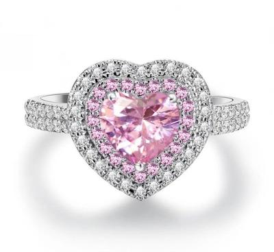 Pink Heart Zircon Platinum-Plated Ring for Women - European & American Style