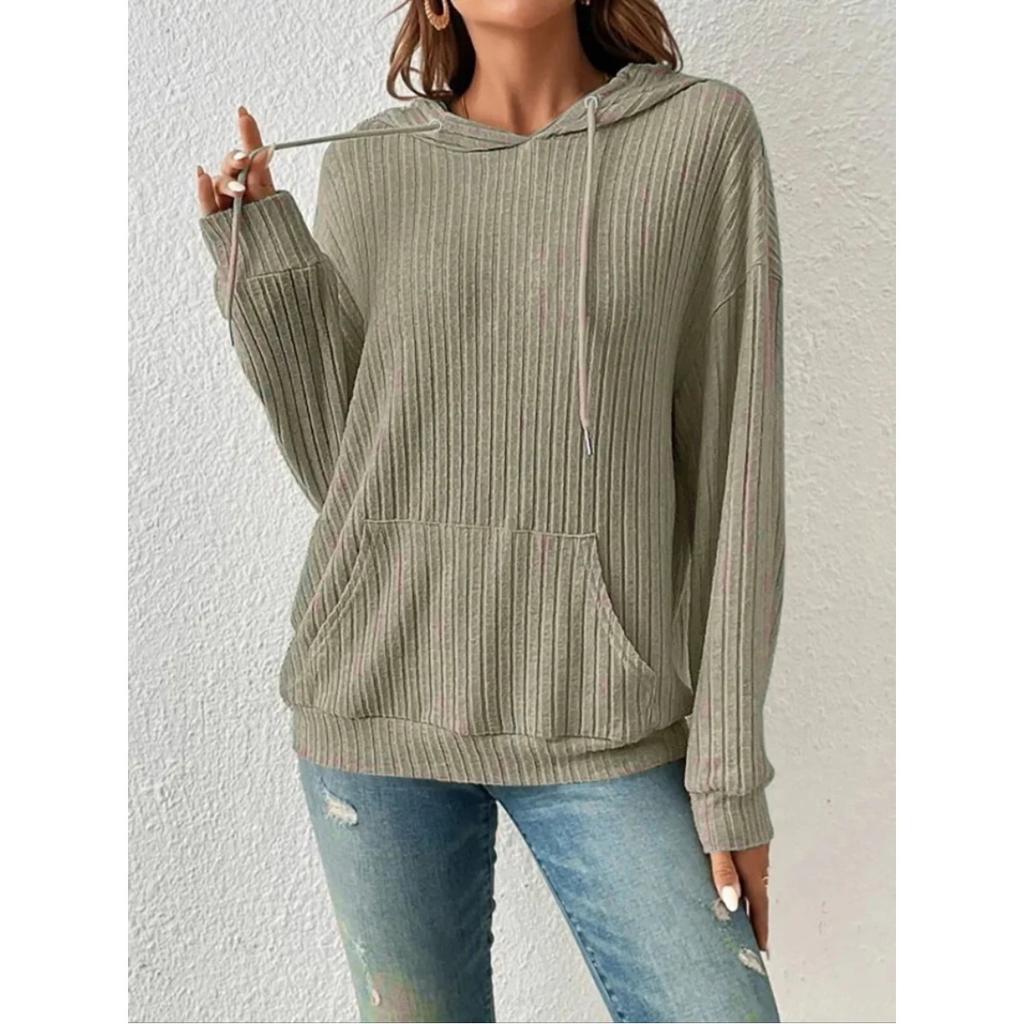 European and American Autumn Winter New Knitwear Hooded Pit Striped Kangaroo Pocket Long Sleeved Sweater